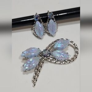 Continental Silver and Iridescent Leaf Jewelry Set  screw on earrings and brooch